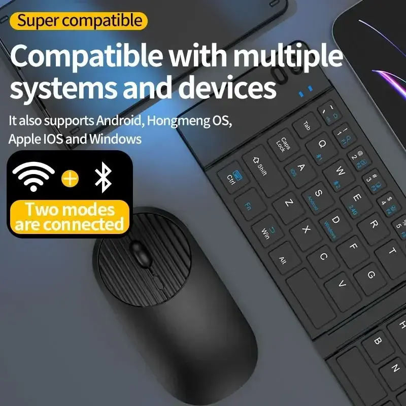 Type-C Charging Foldable Keyboard Mouse Wireless Keypad 2.4G Receiver Bluetooth with Tablet Stand for iPad Smartphone Laptop