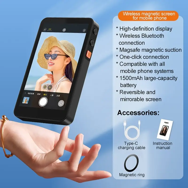 Magnetic Bluetooth Vlog Selfie Monitor Screen for iPhone&Android, Wireless Rear Camera Phone Monitors for YouTube Live Broadcast