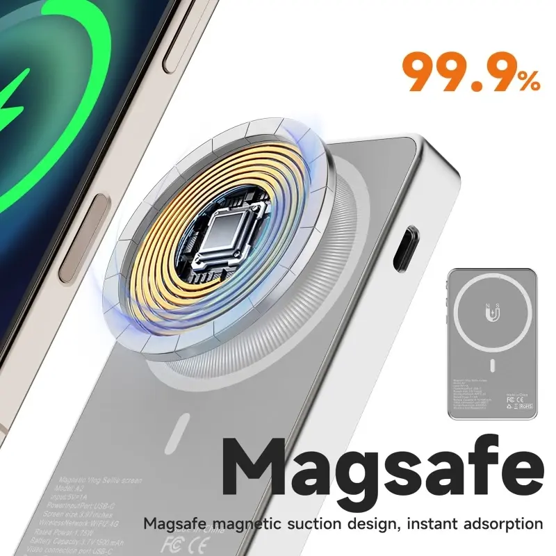 Magnetic Bluetooth Vlog Selfie Monitor Screen for iPhone&Android, Wireless Rear Camera Phone Monitors for YouTube Live Broadcast