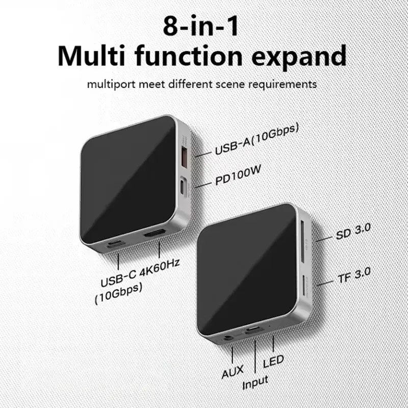 8 In 1 USB Hub Magnetic Docking Station USB-A 3.2 10Gbps PD100W 4K 60HZ USB-C Hubs for Mac OS Windows Linux Android Dock Station