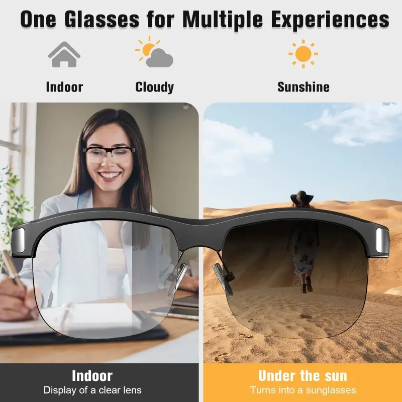 Bluetooth Smart Glasses Headset for Intelligence Color-Changing Sunglasses UV Protection HD Call Travel Voice Assistant Glasses