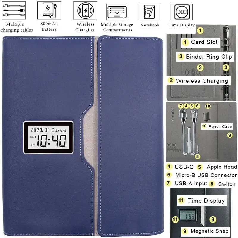 with Time Date Temperature Function Smart 5V 2A Notebooks 8000mAh USB Wired One-to-Four Charging + Wireless Charging Notebook