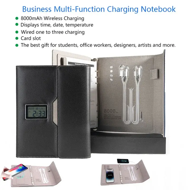 with Time Date Temperature Function Smart 5V 2A Notebooks 8000mAh USB Wired One-to-Four Charging + Wireless Charging Notebook