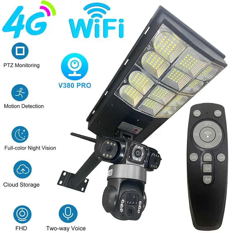 15MP Cameras Two-Way Voice Intercom 3-Lens 3-Screen 4G Solar Camera WIFI Security Camera Low Power Motion Detection Street Light