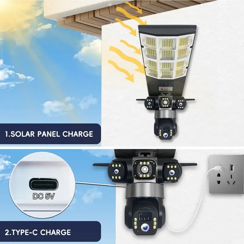 15MP Cameras Two-Way Voice Intercom 3-Lens 3-Screen 4G Solar Camera WIFI Security Camera Low Power Motion Detection Street Light