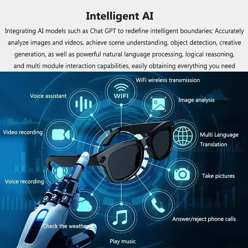 HD 1080P Smart Bluetooth Glasses Call Music Remote Control Camera AI Smart Bluetooth Sunglasses Ride Sports Waterproof Camcorder