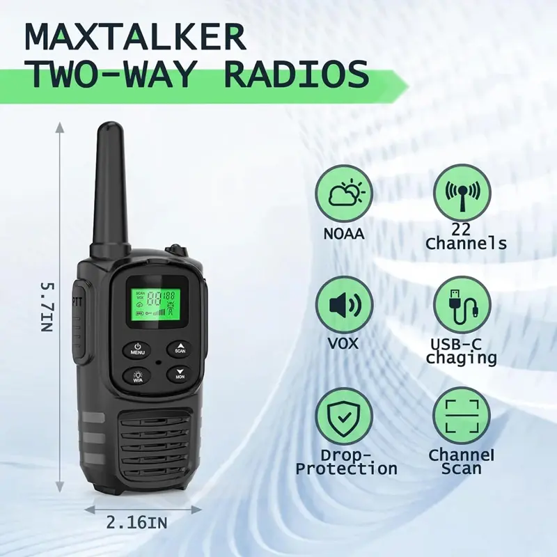 2pcs Handheld Walkie Talkie EU Version - 8 channels Kids Toys Walkie Talkie US Version - 22 channels with 1200mAh Li-ion Battery