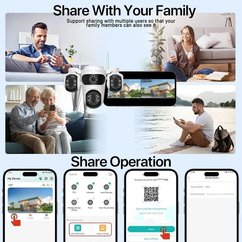 4X Zoom 15MP 6K WIFI Security Camera Four Lens Three Screen PTZ Camcorder Human Detection Surveillance HD Wireless Monitor Cam