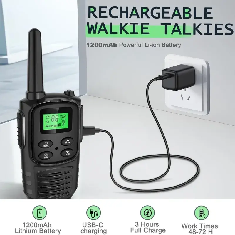 2pcs Handheld Walkie Talkie EU Version - 8 channels Kids Toys Walkie Talkie US Version - 22 channels with 1200mAh Li-ion Battery