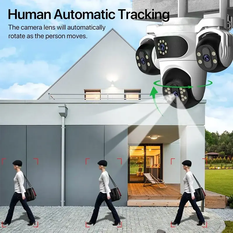 4X Zoom 15MP 6K WIFI Security Camera Four Lens Three Screen PTZ Camcorder Human Detection Surveillance HD Wireless Monitor Cam
