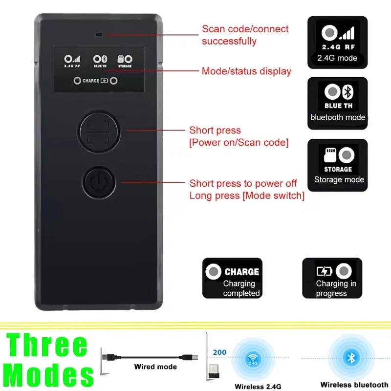 3 Modes 2D Barcode Scanner Wired Mode/ Wireless 2.4G/ Bluetooth Scanners Handheld Portable 1D 2D QR Code Data Storage scanner