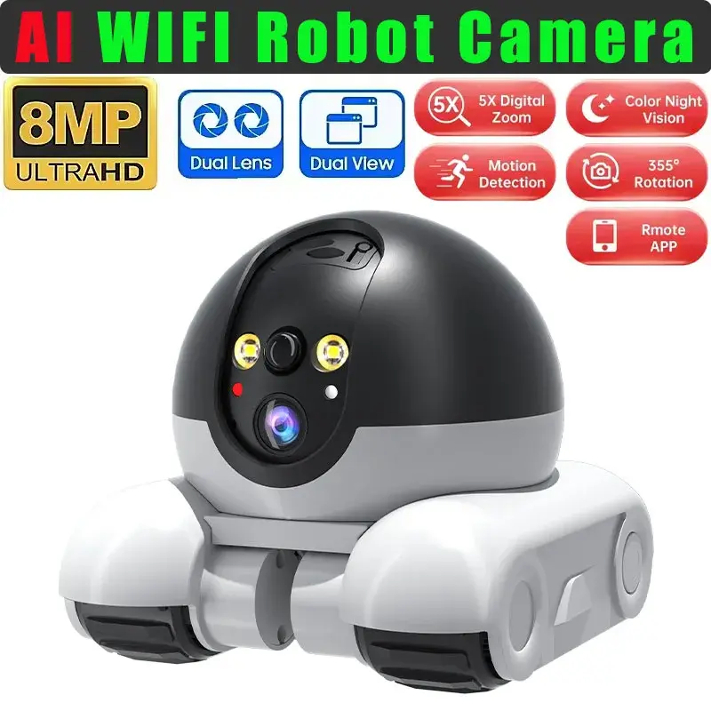 AI Humanoid Detection APP IP Camera Full Color Dual Lens 8MP HD1080p Cat/Dog Playing Running Home Security CCTV Baby Monitor