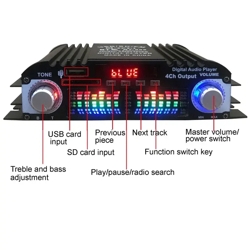 BT-998 12V/220V Mini bluetooth HiFi Power Amplifiers Stereo Car Home Audio Digital Sound Amplifier LCD Display FM SD USB Bass
