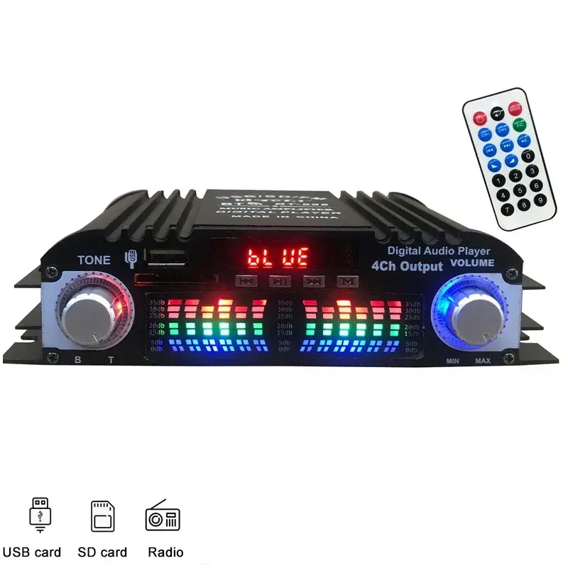 BT-998 12V/220V Mini bluetooth HiFi Power Amplifiers Stereo Car Home Audio Digital Sound Amplifier LCD Display FM SD USB Bass