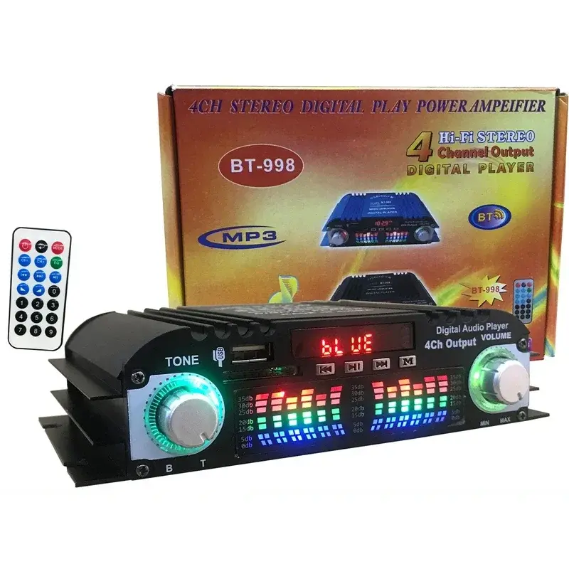 BT-998 12V/220V Mini bluetooth HiFi Power Amplifiers Stereo Car Home Audio Digital Sound Amplifier LCD Display FM SD USB Bass