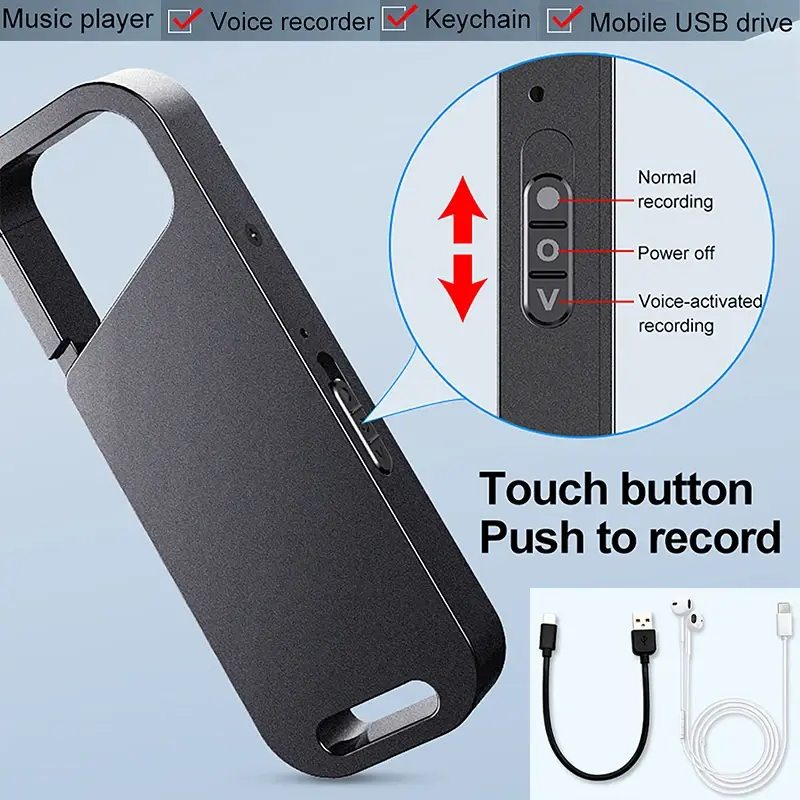 Voice Recorder Small Keychain Sound Activated Key Hook Dictaphone Voice Audio Recording Espial 8G-64G Noise Reduce MP3 Players