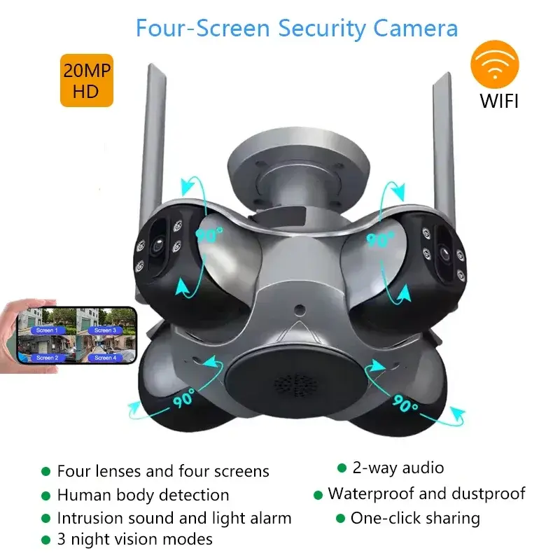 HD 1080p Wifi Two Way 4 Lens 4 Screens Security Cameras 20MP Outdoor Infrared Audio CCTV Wireless Video Surveillance IP Camera