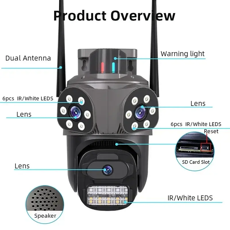 12MP WIFI IP Camera Outdoor Three Lens Dual Screen Audio Home Security PTZ Camera AI Human Auto Tracking CCTV Video Surveillance