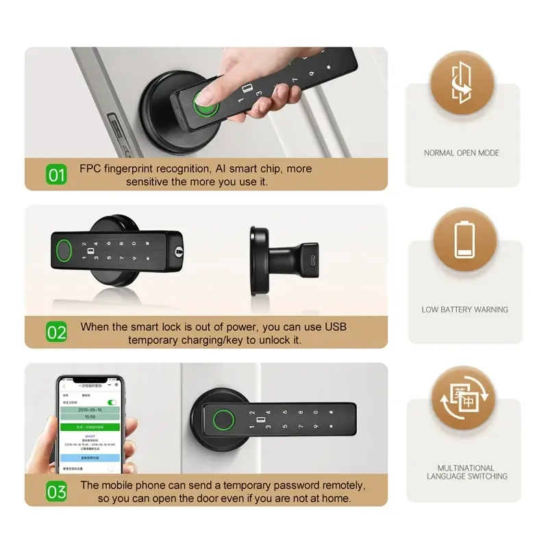 Smart Tuya SmartLife APP WiFi Remote Control Fingerprint Password RFID IC Card Lock Dead Bolt for Indoor Home Wooden Metal Door