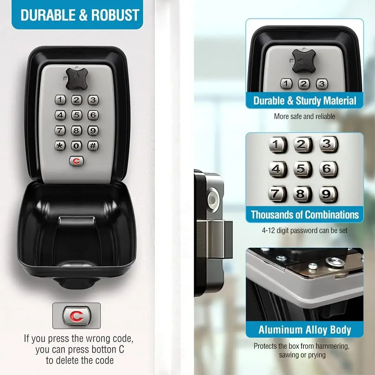 Security Key Lock Box 12 Digit Wall-Mount Secret Code Key Safe Secret Organizer Box Home Office Weatherproof Safe Key Keeper