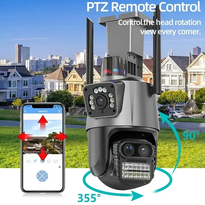 12MP WiFi Camera PTZ Protection Outdoor Three Lens Dual Screen 8X Zoom CCTV Security 4K Video Surveillance ICsee Alexa Cameras