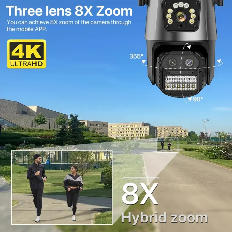 12MP WiFi Camera PTZ Protection Outdoor Three Lens Dual Screen 8X Zoom CCTV Security 4K Video Surveillance ICsee Alexa Cameras