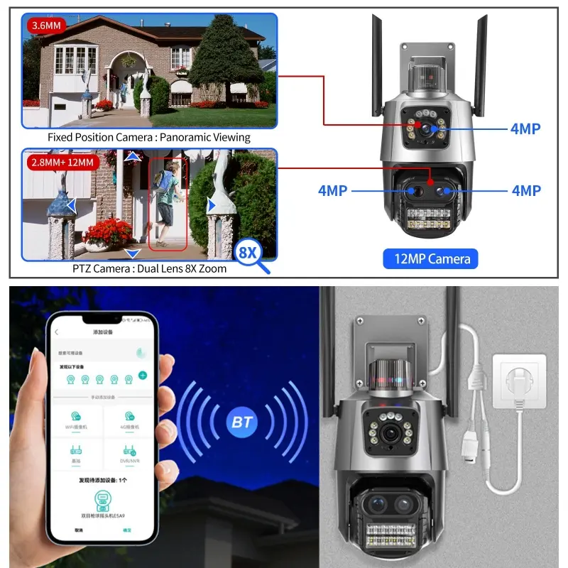 12MP WiFi Camera PTZ Protection Outdoor Three Lens Dual Screen 8X Zoom CCTV Security 4K Video Surveillance ICsee Alexa Cameras