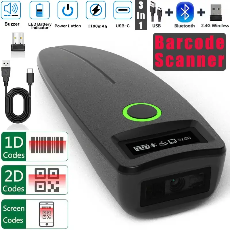 1D 2D Barcode Scanners Wireless 3in1 2.4G+USB+Bluetooth QR Code Scanner Pocket QR Reader IOS Android Windows for Mobile Payment