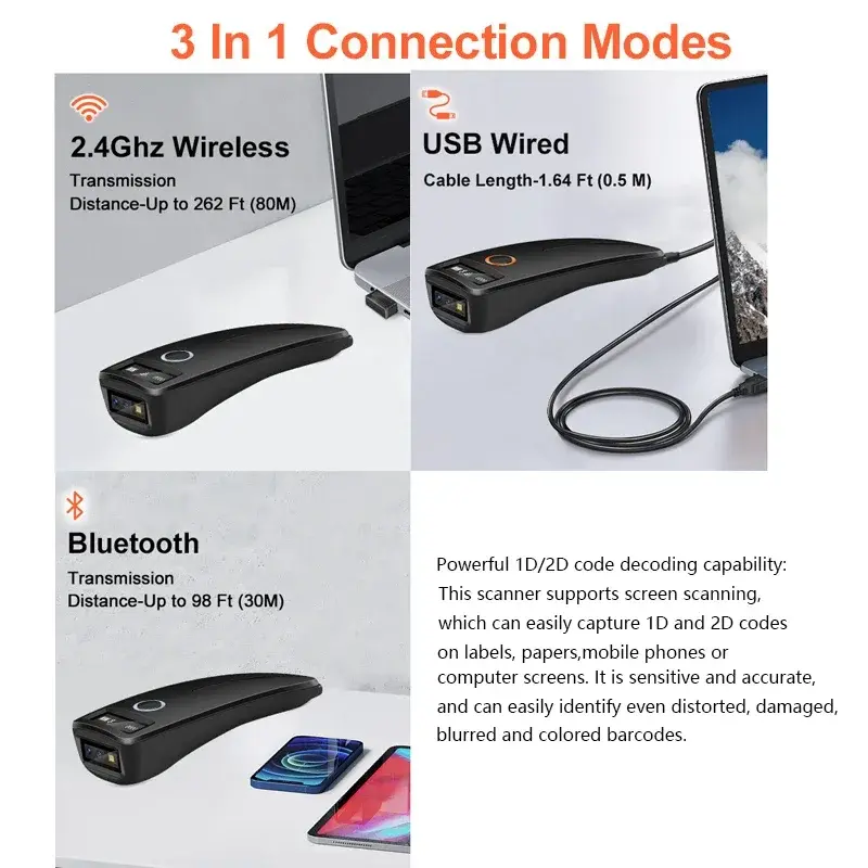 1D 2D Barcode Scanners Wireless 3in1 2.4G+USB+Bluetooth QR Code Scanner Pocket QR Reader IOS Android Windows for Mobile Payment