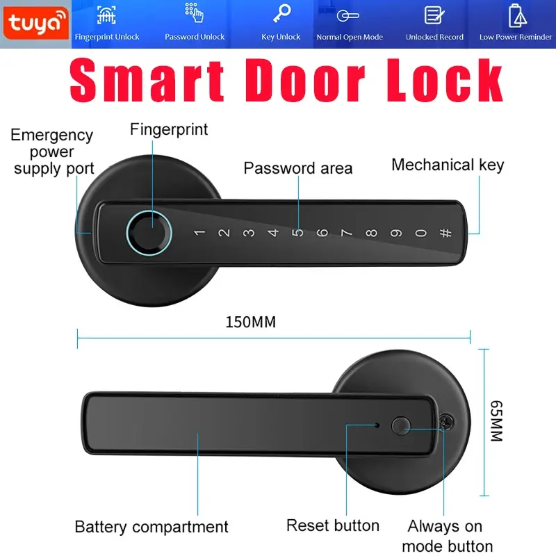 Smart Tuya APP & Password & Fingerprint & Key Unlocking Door Locks for Bathroom Bedroom Home Electric Lock Security Protection