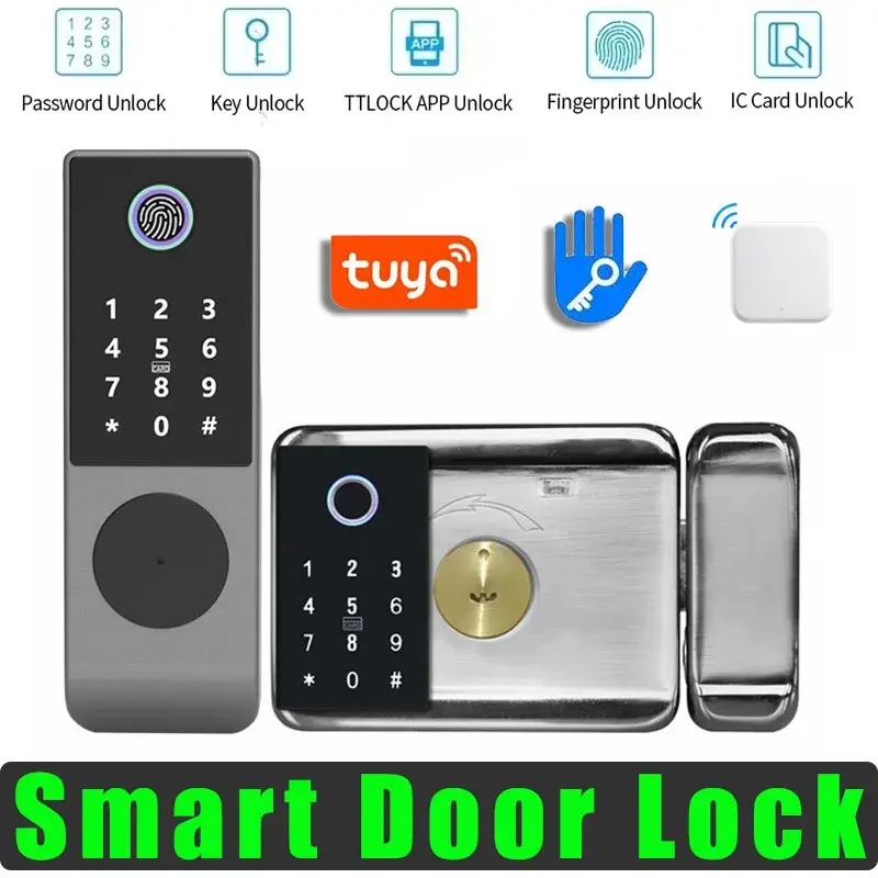 Smart Tuya Door Lock TTLock with Gateway Double Side Fingerprint + Password + IC Card + Key Unlocking IP65 Home Electronic Locks