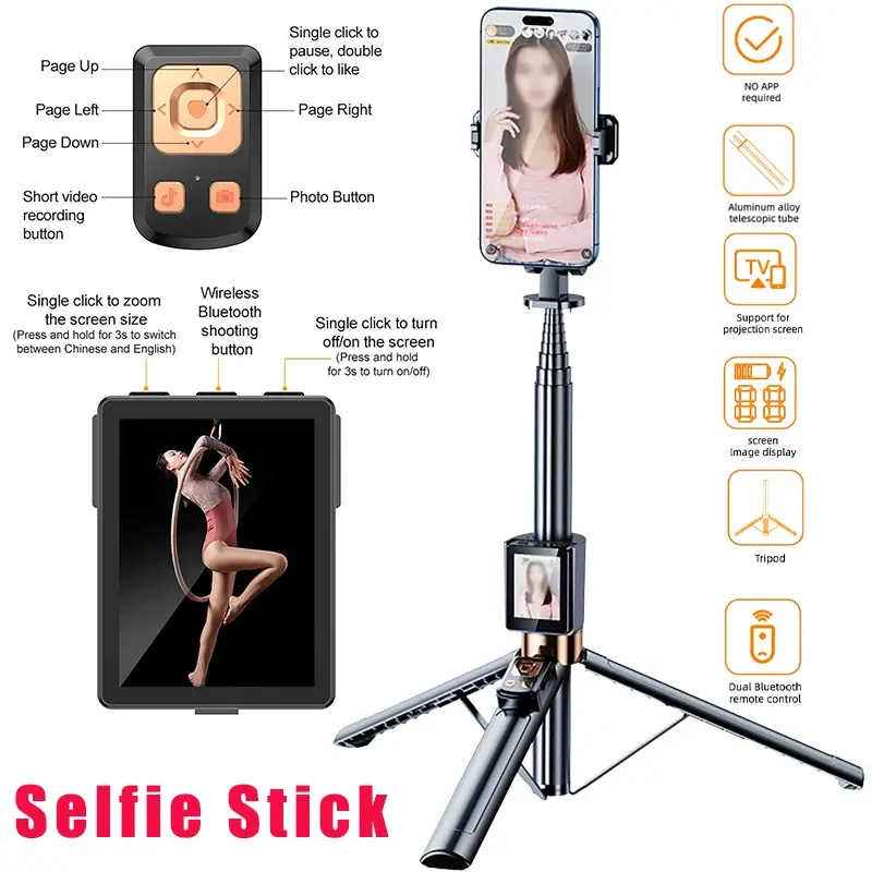 Smartphone Rear Cameras Phone Selfie Monitor Screen Bluetooth for Selfie Vlog Live Stream Video for iPhone Android Selfie Sticks