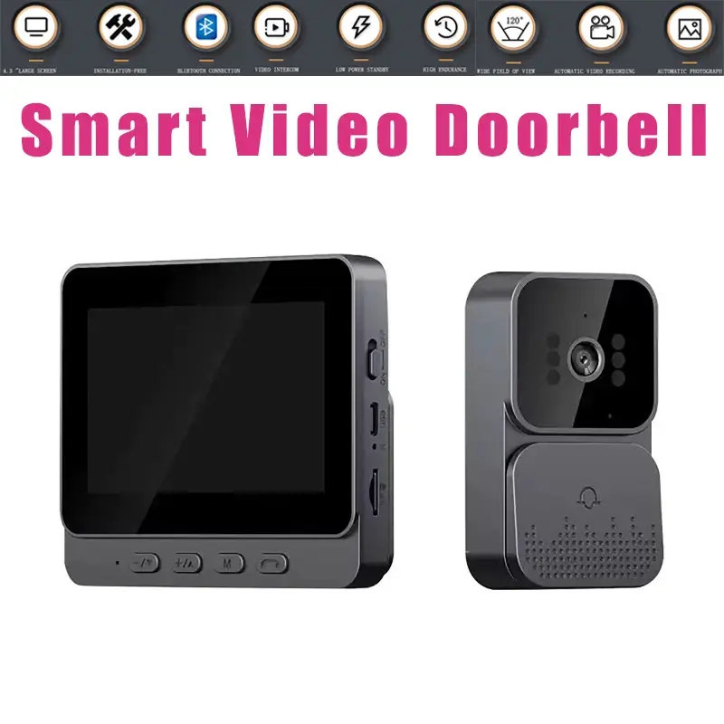 Smart Two-way Intercom Doorbell Cameras 4.3 Inch Wireless Video Doorbell IPS Screen Infrared Night Vision for Home Security