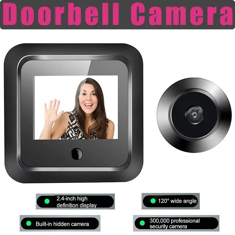 Peephole Camera 240x320 HD Visual Doorbell Smart Digital Door Viewer 2.4 Inch Wide 120° Security Monitor 300000 Pixels Resolutio