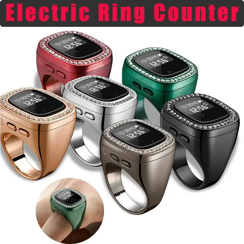 Unisex Digital Finger Diamond Counter Rings with Azan Alarm & Vibration Reminder Intelligent Tasbih Tracks for Islamic Prayer