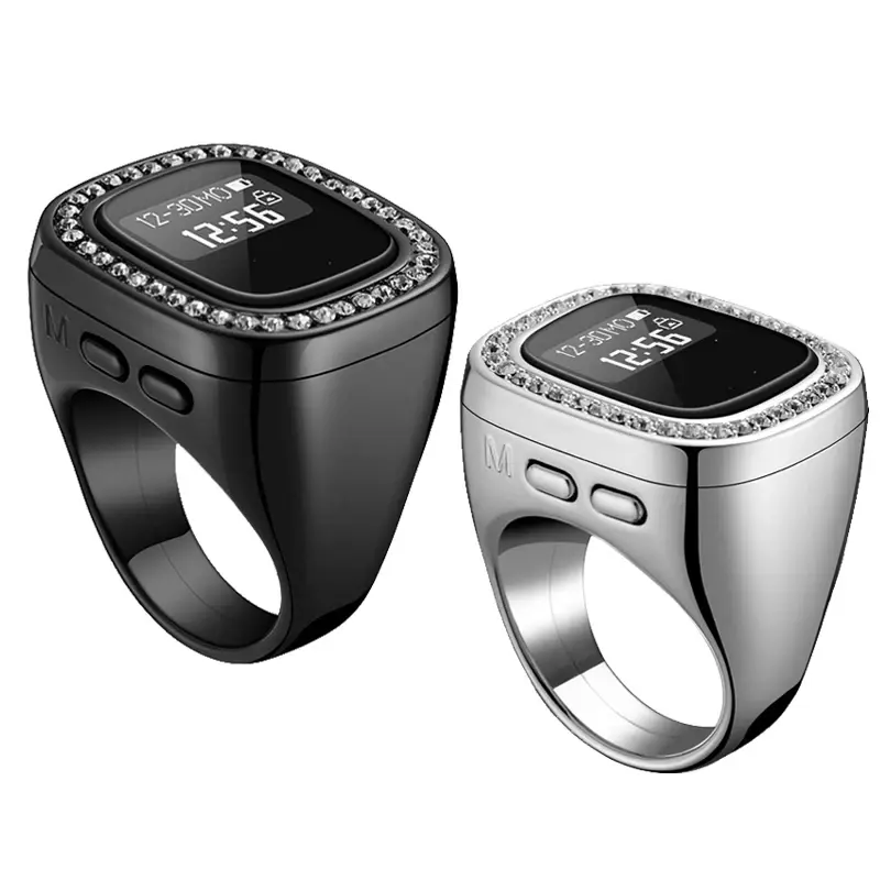 Unisex Digital Finger Diamond Counter Rings with Azan Alarm & Vibration Reminder Intelligent Tasbih Tracks for Islamic Prayer