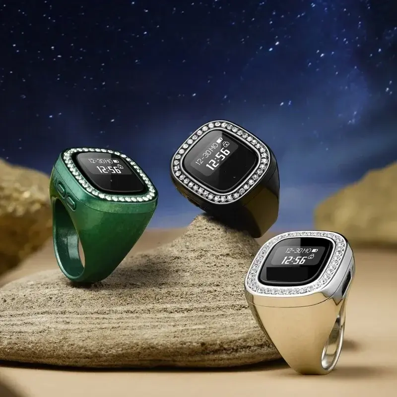 Unisex Digital Finger Diamond Counter Rings with Azan Alarm & Vibration Reminder Intelligent Tasbih Tracks for Islamic Prayer