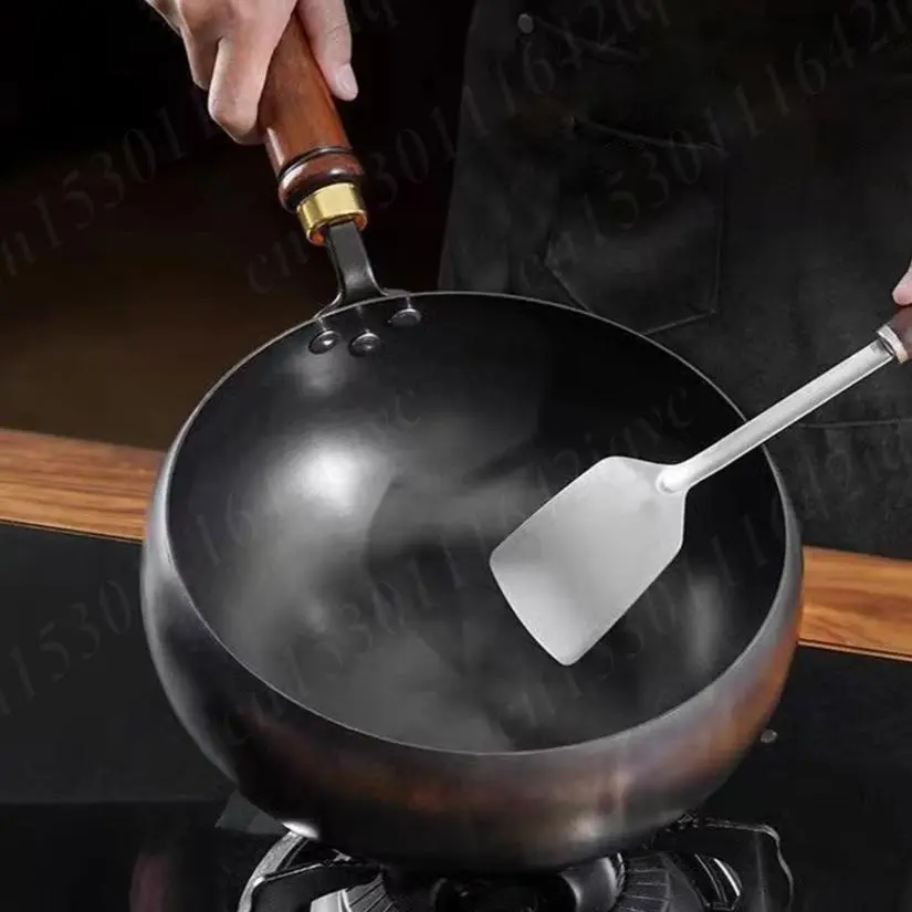 New Nonstick Pure Iron Wok & Wooden Handle Saucepan Non-Coated Cast Iron Pan 22cm/24cm/28cm Wok Frying Pan Chinese Kitchenware