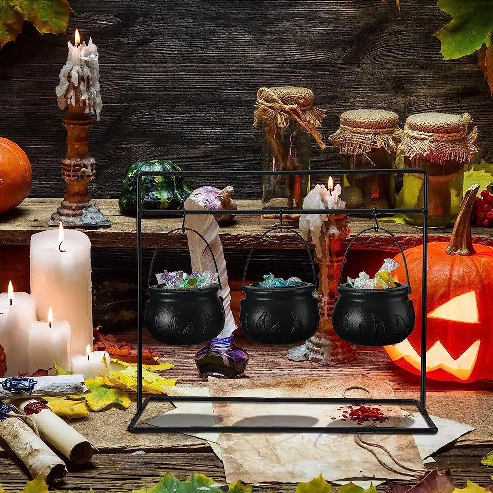 3/6/9Pcs Trick Or Treat Candy Bucket with Handle & Holder Plastic Witch Cauldron Witches Decorative Pot for Party Decoration