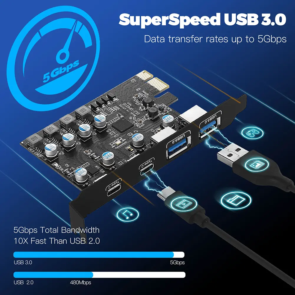 USB3.0 PCIE Card 2*USB A Port+2*USB C Port/USB3.2 GEN1 PCI Express Card Adapter for Windows7/8/10/11/MacOS/Linux