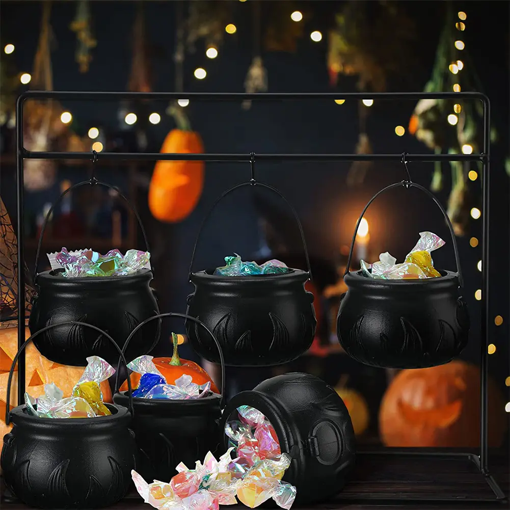 3/6/9Pcs Trick Or Treat Candy Bucket with Handle & Holder Plastic Witch Cauldron Witches Decorative Pot for Party Decoration