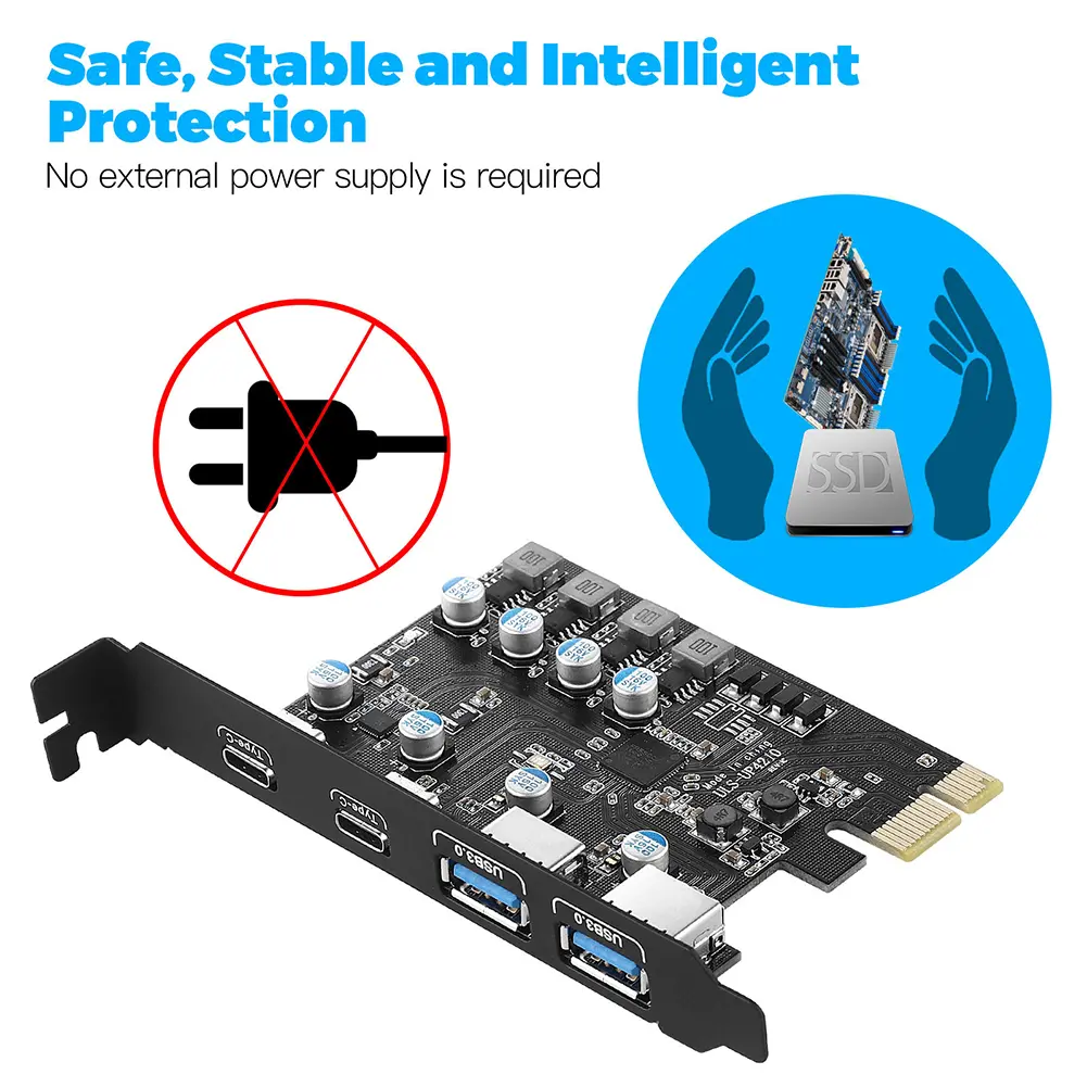 USB3.0 PCIE Card 2*USB A Port+2*USB C Port/USB3.2 GEN1 PCI Express Card Adapter for Windows7/8/10/11/MacOS/Linux