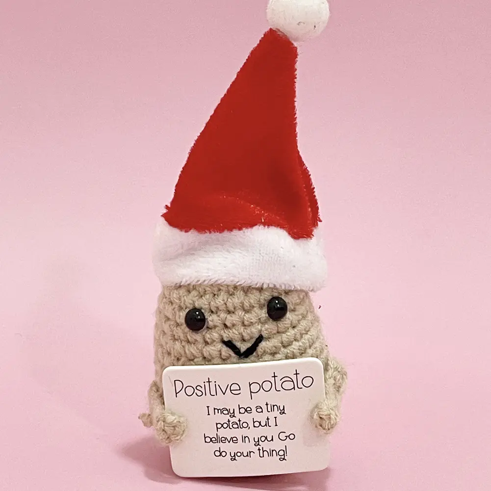 Cute Handwoven Ornaments with Wooden Base Christmas Pickle Knitting Doll Knitted Potato Toy Knitting Inspired Toy Cheer Up Gifts