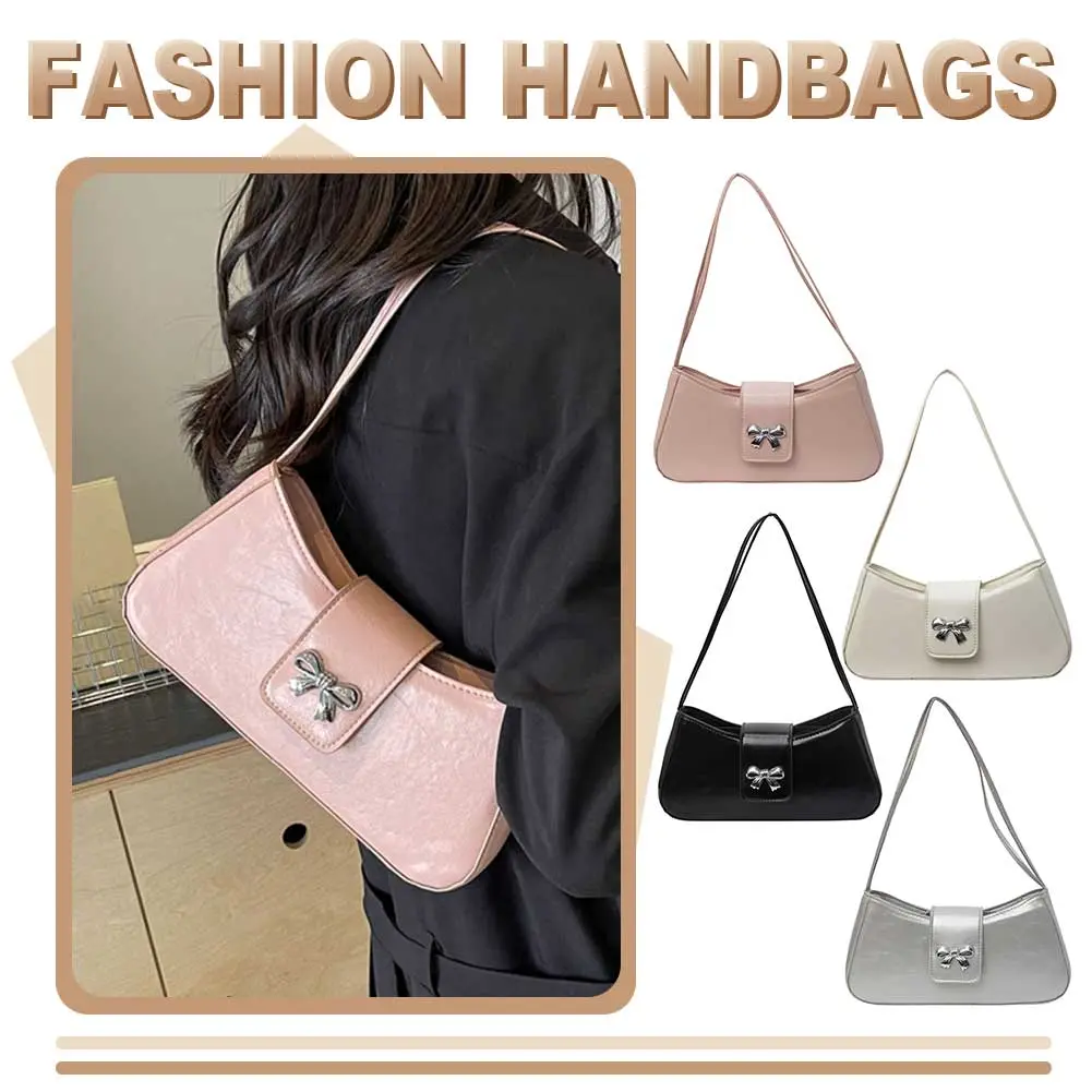 Women PU Bow Shoulder Bag Chic Hobo Bag Large Capacity Fashion Carrying Bag Solid Color Sweet Underarm Bag Small Shoulder Purse