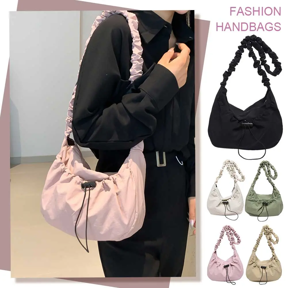Women Pleated Crossbody Bag Adjustable Strap Drawstring Satchel Bag Large Capacity Cloud Drawstring Hobo Bag Ladies Outdoor Bag