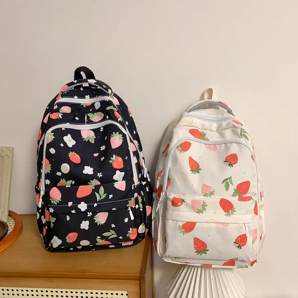 Women Strawberry Pattern Backpack Adjustable Strap Strawberry School Backpack Large Capacity Students Daily Backpack