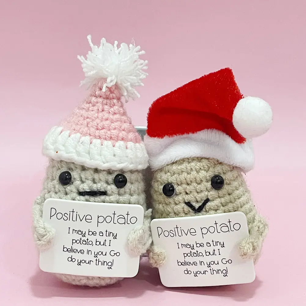 Cute Handwoven Ornaments with Wooden Base Christmas Pickle Knitting Doll Knitted Potato Toy Knitting Inspired Toy Cheer Up Gifts