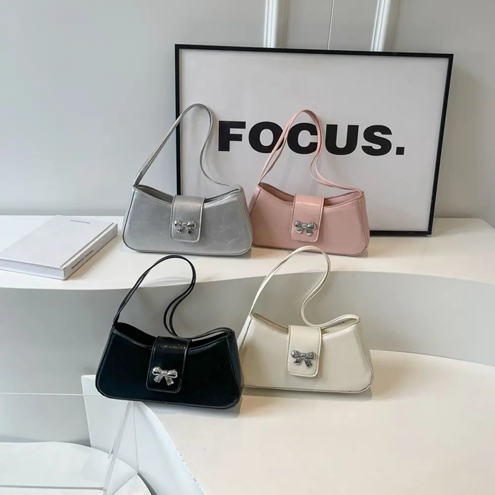 Women PU Bow Shoulder Bag Chic Hobo Bag Large Capacity Fashion Carrying Bag Solid Color Sweet Underarm Bag Small Shoulder Purse