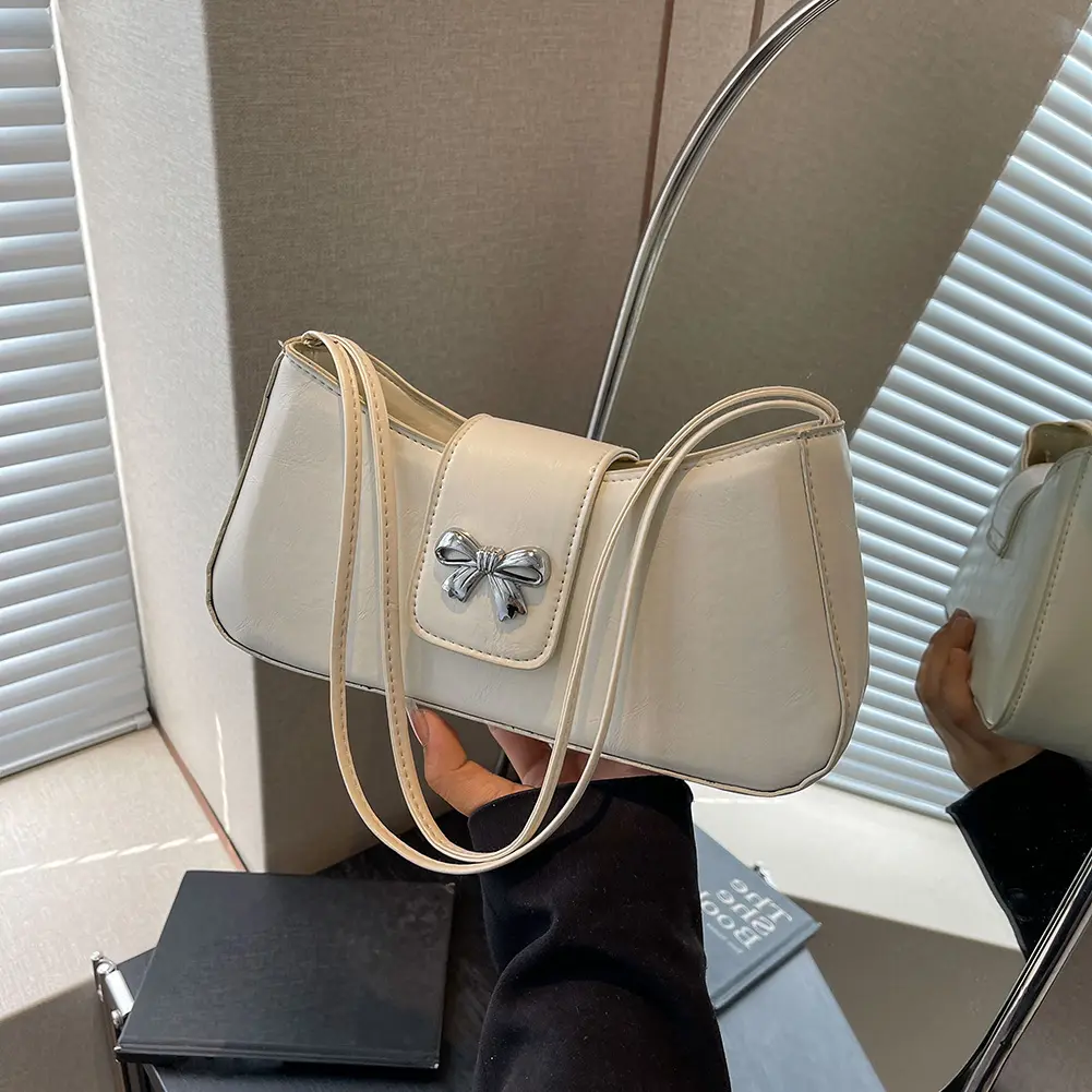 Women PU Bow Shoulder Bag Chic Hobo Bag Large Capacity Fashion Carrying Bag Solid Color Sweet Underarm Bag Small Shoulder Purse