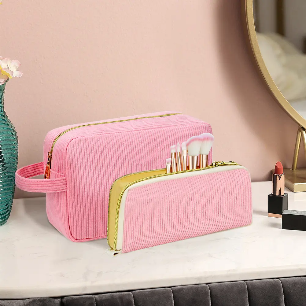 2Pcs Makeup Bag with Zipper Corduroy Cosmetic Pouch Travel Toiletry Organizer for Girls Women Moms Gift